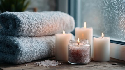 Soft towels stacked beside burning candles and bath salts creating serene spa atmosphere by rainy window.