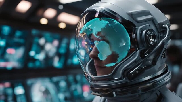A futuristic astronaut in an advanced sleek spacesuit standing in a high-tech control room, reflective helmet visor displaying holographic data, neon-lit panels, floating 3D schematics, sci-fi 