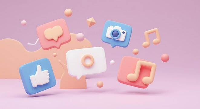 Colorful 3D Social Media Icons Floating on a Pastel Background Engaging Digital Communication and Online Presence Concept for Modern Marketing Campaigns