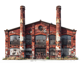 Abandoned Brick Factory with Tall Smokestacks, Front View, Isolated