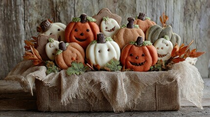 Sweet pumpkin cookies with happy faces beautifully arranged in rustic wooden box with autumn leaves 