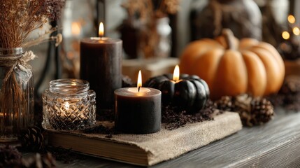 Warm candle flame illuminates decorative pumpkins, rustic autumn foliage, and old book arrangement.