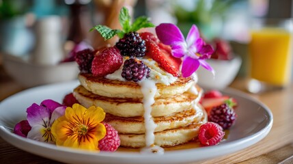 Delicious golden pancakes stacked high, fresh assorted berries, sweet cream, rich syrup gently dripping.