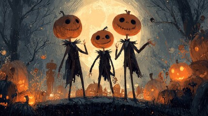 Three smiling pumpkin figures wave among glowing carved pumpkins in dark eerie forest under bright full moon.