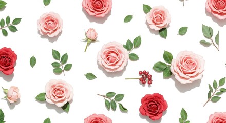 Naklejka premium Roses and Leaves Pattern on White Background.