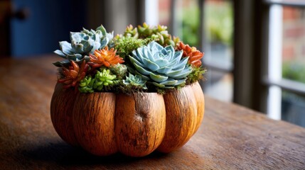 Assorted vibrant succulents flourish within decorative wooden pumpkin planter, placed on warm textured wooden surface.