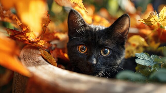 Black kitten peeks from vibrant autumn leaves curious pet hides in colorful fall foliage sunlight Small black cat hides among vibrant orange autumn leaves, golden eyes look directly at camera.