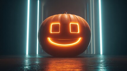 Glowing orange Halloween pumpkin with geometric smile stands on wet floor near vibrant blue neon lights.