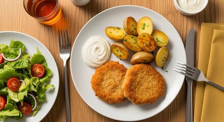 Delicious Fried Fish Cutlets with Roasted Potatoes and Salad.