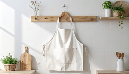 A clean white canvas apron mockup with pockets hanging on a wooden rack in a bright, modern kitchen with plants and cooking utensils