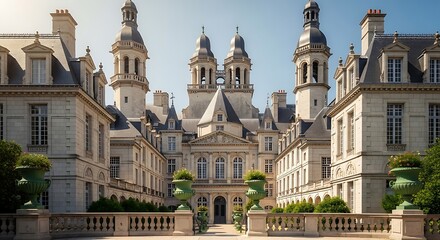 Grand European Style Chateau Facade with Towers and Courtyard.