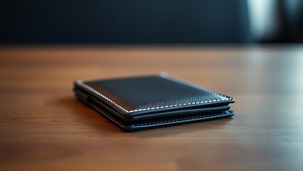 A sleek wallet lies on a wooden surface, highlighted by warm ambient lighting in a minimalist setting.