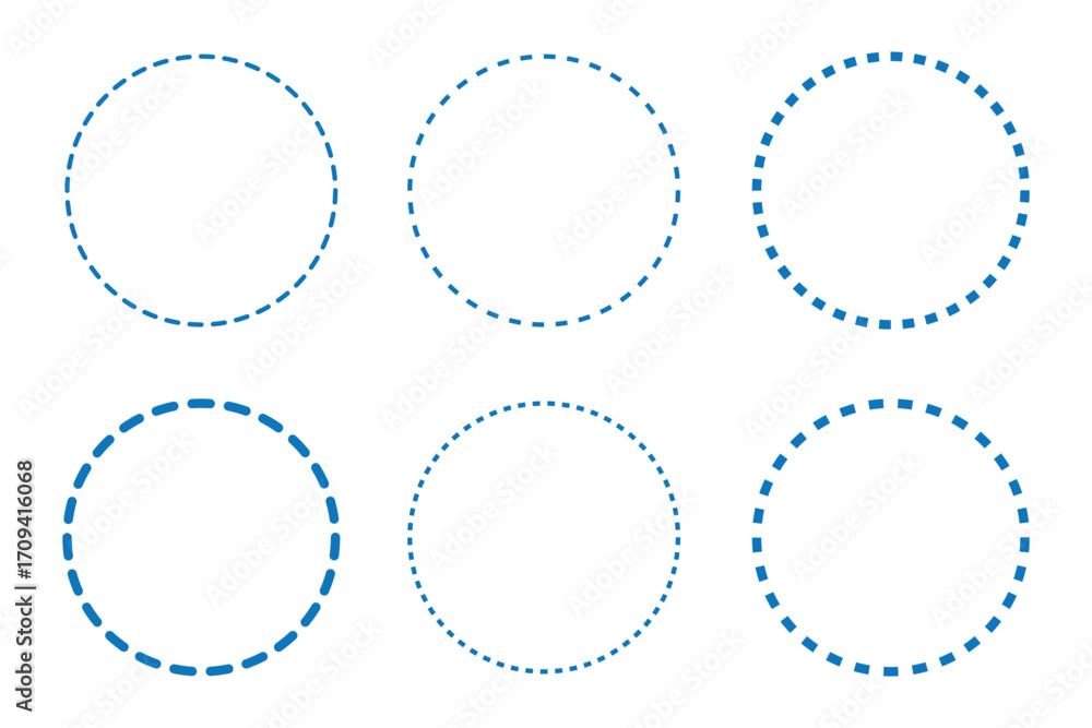 Poster round dotted circle set, dotted line circle frame, circle shapes with and dots and dashed lines