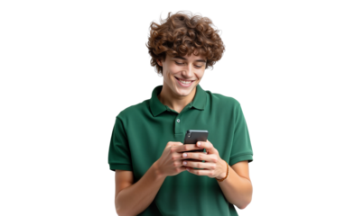 Cheerful young guy with curly hair, smiling while using smartphone, isolated on transparent background