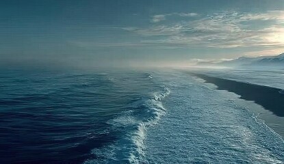 Vast ocean meets dark beach, misty horizon