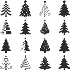 Black and White Christmas Tree Illustration Set, Minimalist Holiday Tree Designs, Creative Vector Christmas Icons for Decor
