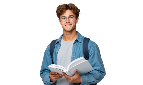 Handsome male student with glasses and a backpack, holding an open book, isolated on transparent background