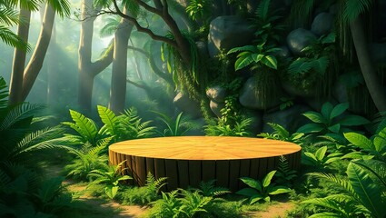 Empty wooden podium in a lush green rainforest with sunbeams