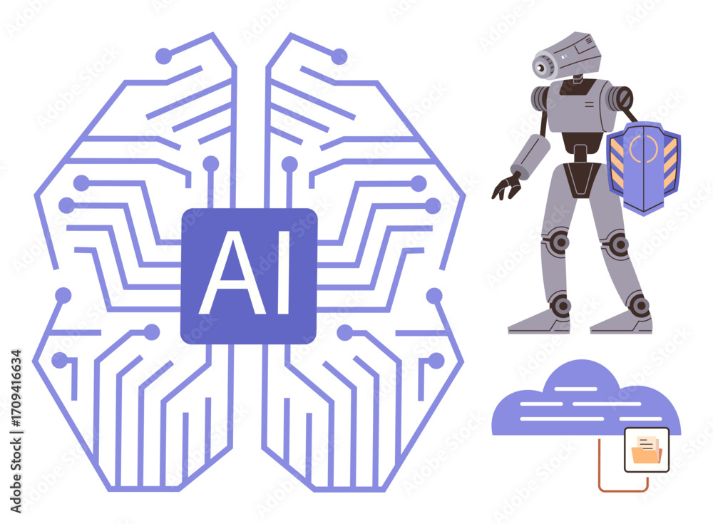 Aufkleber ai brain circuit, humanoid robot holding shield, cloud storage icon symbolizes artificial intelligen