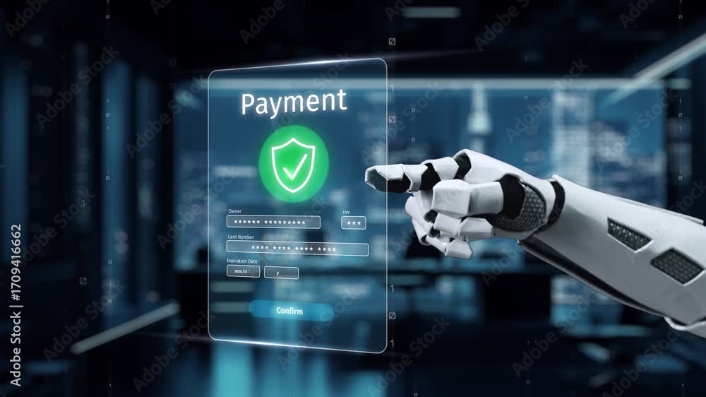 Poster a futuristic robotic hand interacts with a digital payment interface, showcasing advanced technology