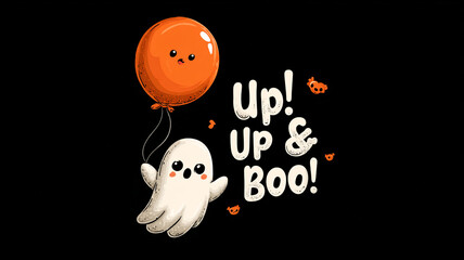 Cute ghost holding orange balloon with playful text Up Up Boo on black background. design features small pumpkin faces, creating fun Halloween theme