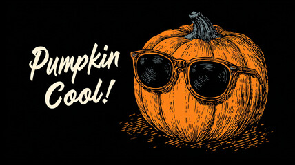 Cool jack o lantern wearing sunglasses is illustrated with text Pumpkin Cool playful font. pumpkin is detailed with textured design, set against dark background, creating fun and stylish Halloween