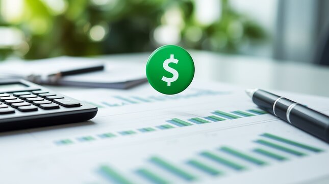 Crisp and well-composed image showcasing a bright green 3D sphere with a clear dollar sign icon at its center.