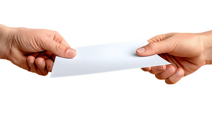 Two hands exchanging a white envelope
