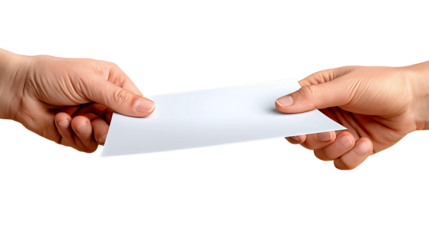 Two hands exchanging a white envelope