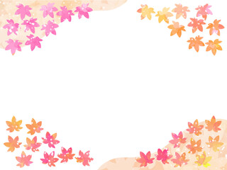 モミジの紅葉イメージの背景素材。水彩風テクスチャー。葉っぱのシルエット。かわいい色調。光の粒子や水滴の輝き。コーナータイプ。左上と右下に山のシルエット。あしらいのあるフレーム。