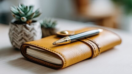 Tan leather notebook, pen, succulents