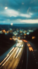 Blurred highway with car lights and bokeh night background
