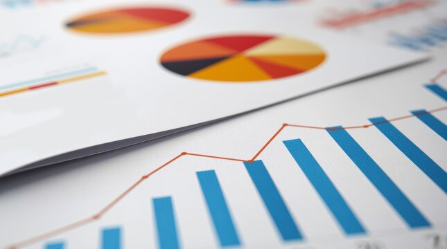 The foreground shows a clear, crisp bar graph with blue bars and a line trending upwards, indicating growth and success. 