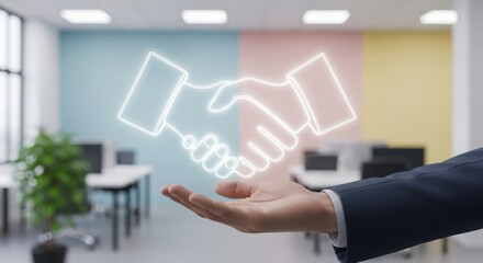 Hand in suit offering glowing handshake symbol over blurred office background agreement business