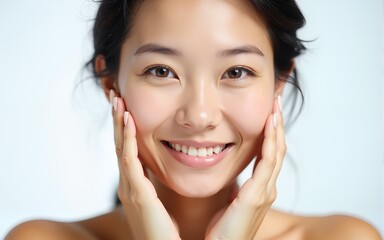 Smiling middle-aged eastern female touching face with hands. Closeup headshot face portrait of mature Asian woman looking at camera isolated. Skin self-care, beauty facial cosmetic and aging concept
