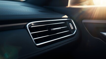 Vent features a sleek, chrome-finished design with adjustable louvers. It's integrated into a premium-looking dashboard with fine stitching detail. 
