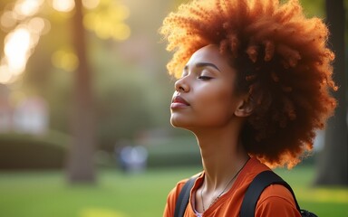 Closeup portrait of young ginger african amerian woman with curly afro hair breathing with closed eyes. Dreaming redhead student girl standing meditate at campus university. Banner, copy space