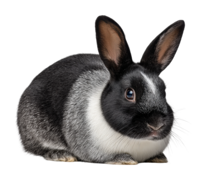 Playful black and white rabbit portrait in isolated on transparent background