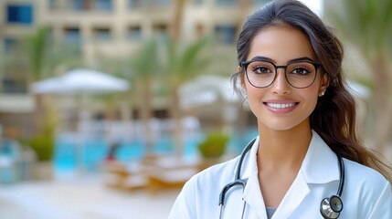 Confident young female doctor in white coat with stylish glasses, smiling with warmth, embodying healing and care in her medical profession.