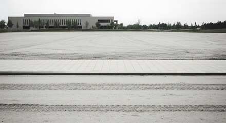 Empty paved area in front of a building, gray monochrome landscape.
