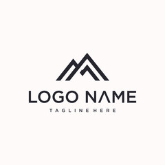 A minimalist black and white logo featuring abstract mountain peaks 