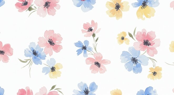 Watercolor Floral Pattern: Pink Blue Yellow Flowers on White.