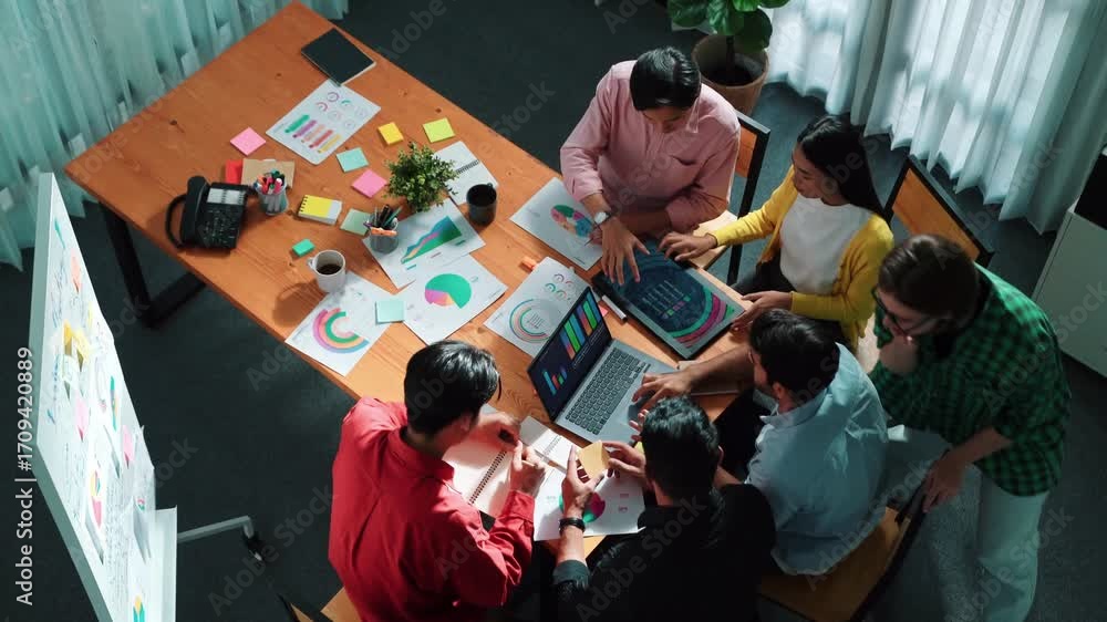 Poster top view of skilled business team discussing and talking about financial statistic to make decision 