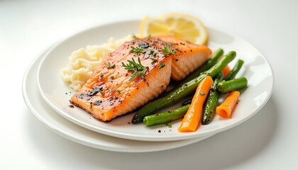 Grilled Salmon Dish with Green Beans and Lemon Slice on White Plate