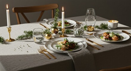Elegant Dinner Table Setting with Candles and Food.