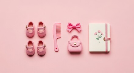 Four pink baby shoes a pink comb a pink bow a pink purse and a cream notebook with pink flowers