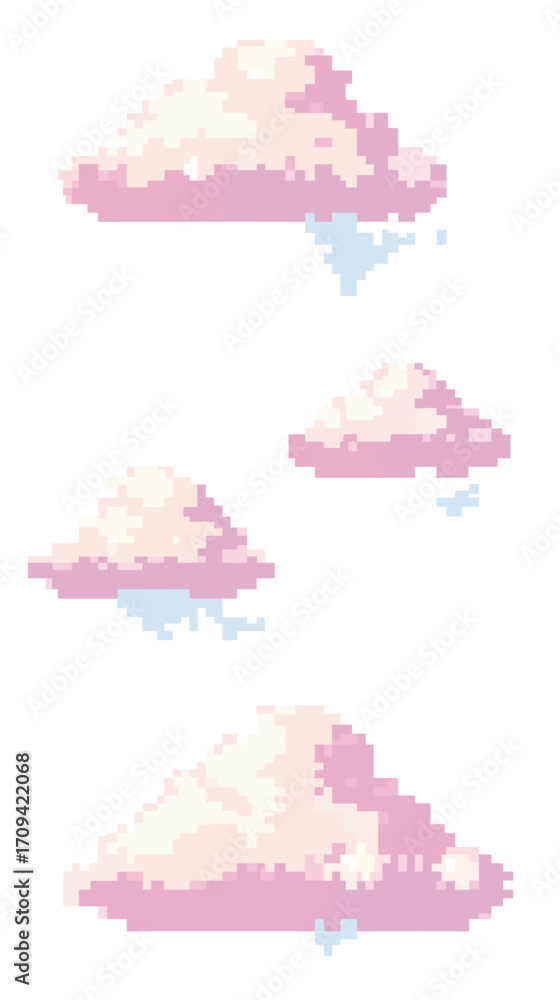 Poster pixelated pink and white clouds with blue raindrops in minimalist flat vector style isolated on whit