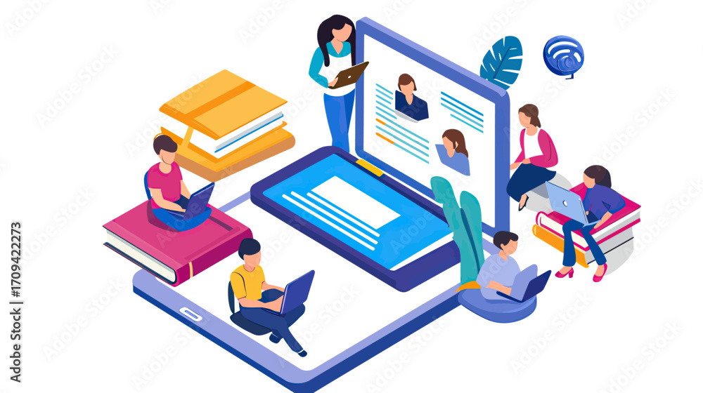 Poster isometric online learning concept with students using laptops and tablets sitting on oversized books