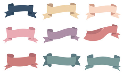 Set of nine stylish blank ribbon banners in various muted pastel colors with folded edges and curled ends flat minimalist vector design for decorative labels and titles