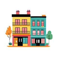 Colorful flat vector illustration of two adjacent shop buildings with balconies and storefronts surrounded by trees isolated on white background